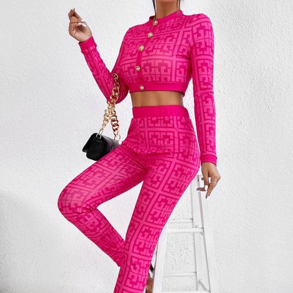 Pink Preppy Womens Allover Print Crop Top & Leggings - Picture 1 of 5